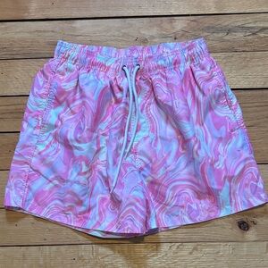 SHEIN Pink and Blue Marble Swim Trunks